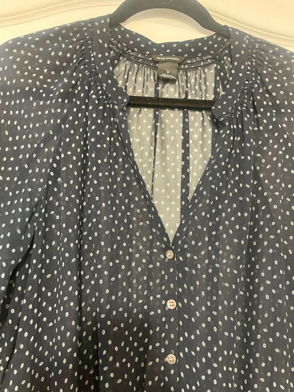 100% Silk Club Monaco Navy Sheer Dress with White Dot Print (navy slip included)